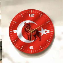 Kırmızı Renkli Baskı Bozkurt Türk Bayrağı Desenli Sayılı Hediyelik Ahşap Sessiz Duvar Saati 45CM