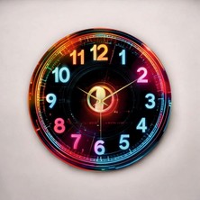 Dijital Görünümlü Neon Renkli Baskı Desenli Sayılı Hediyelik Ahşap Sessiz Duvar Saati 45CM