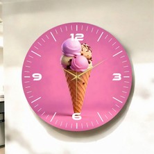 Pembe Renkli Baskı Dondurma Desenli Sayılı Hediyelik Ahşap Sessiz Duvar Saati 45CM