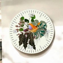 Renkli Baskı Çiçek ve Kuş Desenli Sayılı Hediyelik Ahşap Sessiz Duvar Saati 45CM