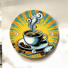 Kahve Fincanı Renkli Baskı Desenli Sayılı Hediyelik Ahşap Sessiz Duvar Saati 45CM