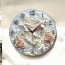 Renkli Baskı Balık Gül Çiçek Desenli Sayılı Hediyelik Ahşap Sessiz Duvar Saati 45CM
