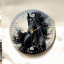 Siyah At Renkli Baskı Hayvan Desenli Sayılı Hediyelik Ahşap Sessiz Duvar Saati 45CM