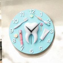 Diş Tasarımlı Kabartma Görünümlü Renkli Baskı Desenli Sayılı Hediyelik Ahşap Sessiz Duvar Saati 45CM