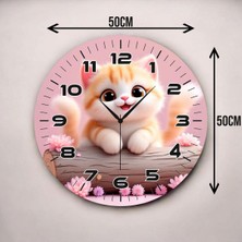Kedi Renkli Baskı Çocuk Odası Desenli Sayılı Hediyelik Ahşap Sessiz Duvar Saati 50CM