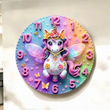 Minik Unicorn Renkli Baskı Tek Boynuzlu At Desenli Sayılı Hediyelik Ahşap Sessiz Duvar Saati 45CM