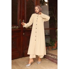 Yaka Detaylı Uzun Takım Bej