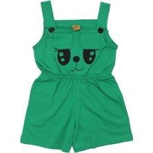 Kız Çocuk Yeşil Siyah Kedi Gözü Baskılı Belden Lastikli Askılı Tulum