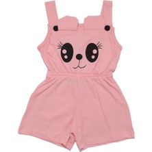 Kız Çocuk Pembe Siyah Kedi Gözü Baskılı Belden Lastikli Askılı Tulum