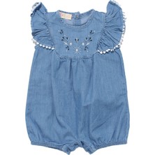 Kız Bebek Mavi Çiçek Nakışlı Fırfırlı Fistolu Nakışlı Kot Tulum