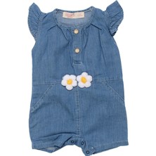 Kız Bebek Mavi Papatyalı Düğmeli Kolları Fırfırlı Kot Tulum