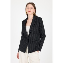 Siyah Çizgili Tek Düğmeli Blazer Ceket 4594A