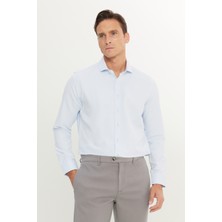 Altınyıldız Classics Erkek BEYAZ-MAVI Slim Fit Dar Kesim İtalyan Yaka Armürlü Pamuklu Basic Gömlek