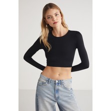 Grimelange JOVANA Kadın Bisiklet Yaka Esnek Uzun Kollu Crop Siyah Bluz