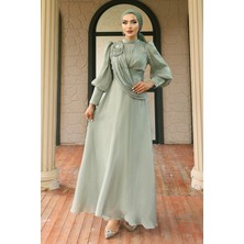 Broş Detaylı Kloş Yorgo Ipek Tesettür Abiye Elbise Açık Yeşil 1242