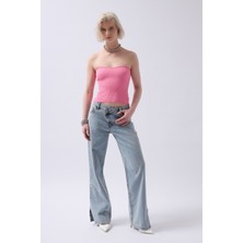 Straplez Dokulu Pembe Crop