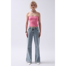 Straplez Dokulu Pembe Crop