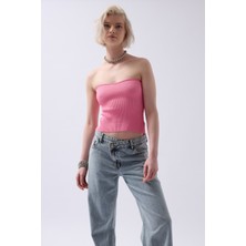 Straplez Dokulu Pembe Crop