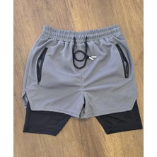 Iç Cepli Sporcu Alt Taytlı Şort - Gri