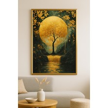 Ay ve Ağacın Buluşması Modern Tekli Tablosu - Gerçek Cama Baskı Gold Alüminyum Metal Çerçeveli