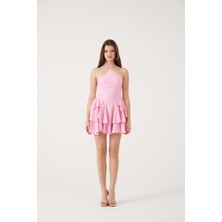 Fırfırlı Halter Yaka Mini Keira Elbise Pembe