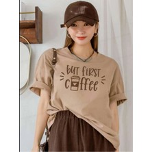 Noflen But First Coffee Camel Oversize Boyfriend Kadın T-Shirt