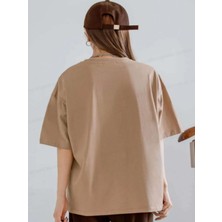 Noflen But First Coffee Camel Oversize Boyfriend Kadın T-Shirt