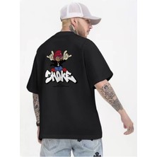 Noflen Unisex Siyah Smoke Baskılı Oversize %100 Pamuk T-Shirt