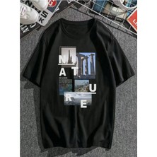 Noflen Siyah Oversıze Nature Baskılı Bol Kesım Tshirt