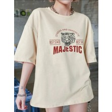 Noflen Kadın Bej Majestic Baskılı Oversize T-Shirt