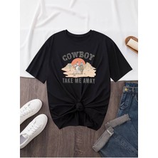 Noflen Unisex Ccowboy Baskılı Oversize %100 Pamuk T-Shirt