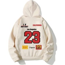 Unisex Bej Los Angeles 23 Baskılı Oversize Kapüşonlu Sweatshirt Hoodie
