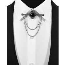 Her Gömleğe Uygun Koyu Gümüş Gri Renk Çerçeve Içinde Siyah Taşlı Klipsli Yaka Iğnesi Yaka Zinciri