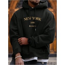 Unisex New York Baskılı Oversize Pamuklu Kapüşonlu Sweatshirt
