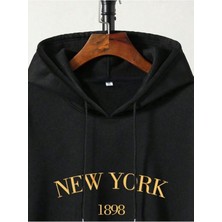 Unisex New York Baskılı Oversize Pamuklu Kapüşonlu Sweatshirt