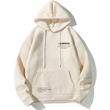 Unisex Bej Happiest Baskılı Oversize Sweatshirt Hoodie
