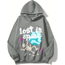 Unisex Antrasit Lost In Space Baskılı Oversize Sweatshirt Hoodie