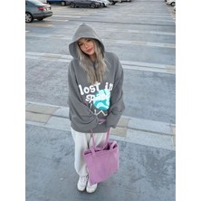 Unisex Antrasit Lost In Space Baskılı Oversize Sweatshirt Hoodie
