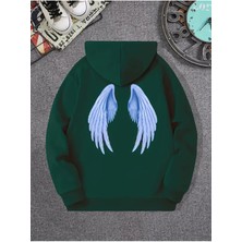 Unisex Nefti Yeşil Angels Kanat Baskılı Oversize Sweatshirt Hoodie