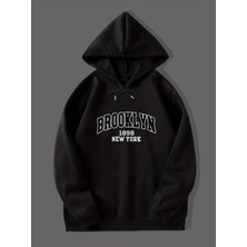 Unisex Siyah Brooklyn Baskılı Oversize Sweatshirt Hoodie