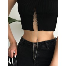 Zincir Detaylı Esnek Kumaş Crop/bluz