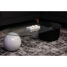 Modern Orta Sehpa & Top Sehpa Cam Sehpa & Küre Orta Sehpa - 1 Beyaz Top & 1 Siyah Zar - Oval - Şeffaf Cam
