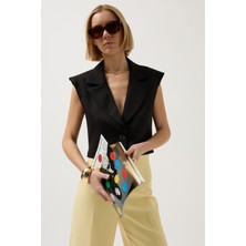 Düğme Detay Cepli Siyah Yelek