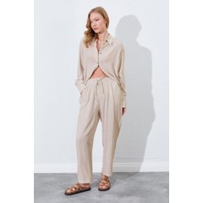 Kadın Naturel Beli Lastikli Havuç Kesim Keten Pantolon