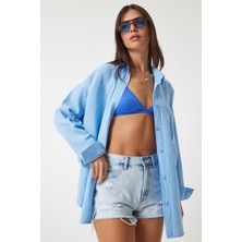 Oversize Basic Müslin Gömlek Gök Mavi LMX0002