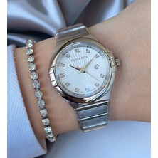 Takvimli Swarovski Taşlı 5ATM Su Geçirmez Beyaz Kadran Çelik Kadın Kol Saati Bileklik Hediyeli