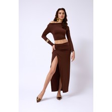 Yırtmaç Detay Maxi Kahverengi Etek