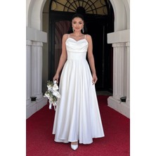 Saten Kumaş Balen Detaylı Degaje Yaka Elbise - Beyaz