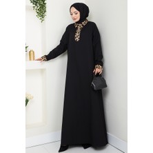 Leopar Detaylı Yarım Fermuarlı Elbise 1564 - Siyah