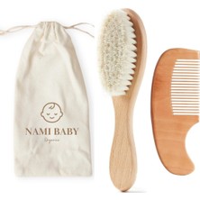 Nami Baby Doğal Keçi Kılı Bebek Saç Fırçası ile Ahşap Bebek Tarağı ve Pamuk Kese Seti